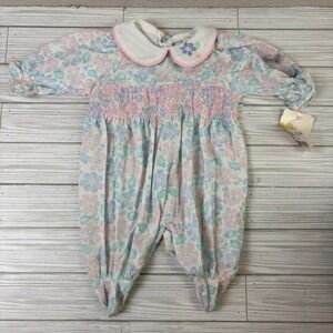 Vintage 90s Baby Dior Floral Collard Button Romper Pink Blue NWT Read